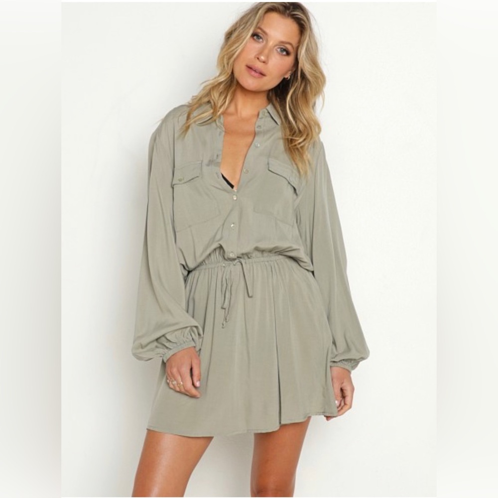 Anthropology L Space Amelia Dress tie waist chest pockets Sz S Color Olive Green - Picture 2 of 5